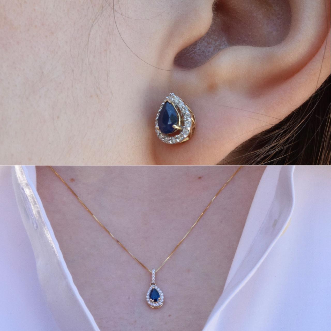 Juego de oro tipo gota de zafiro natural y diamantes alrededor con cadena