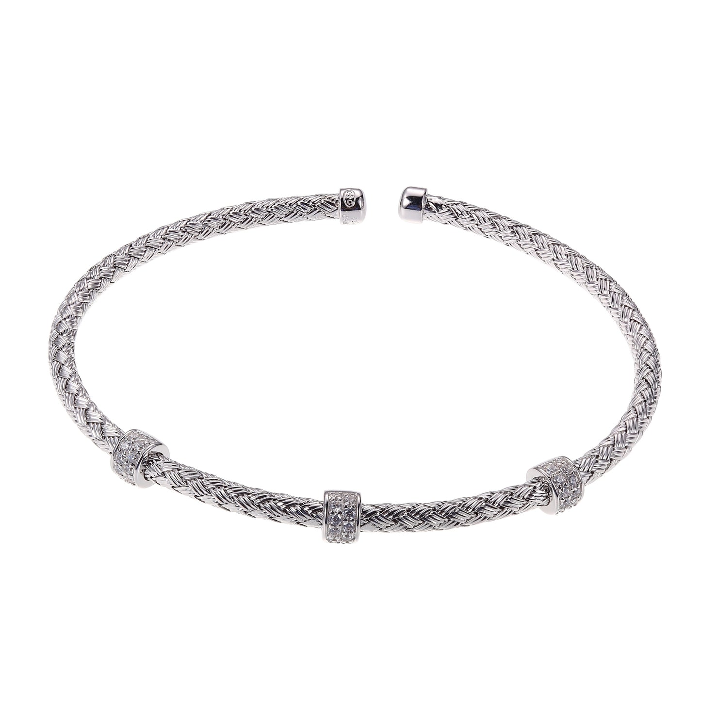 Brazalete Rígido de Malla en Plata de 3 mm con Circonias y Acabado en Rodio