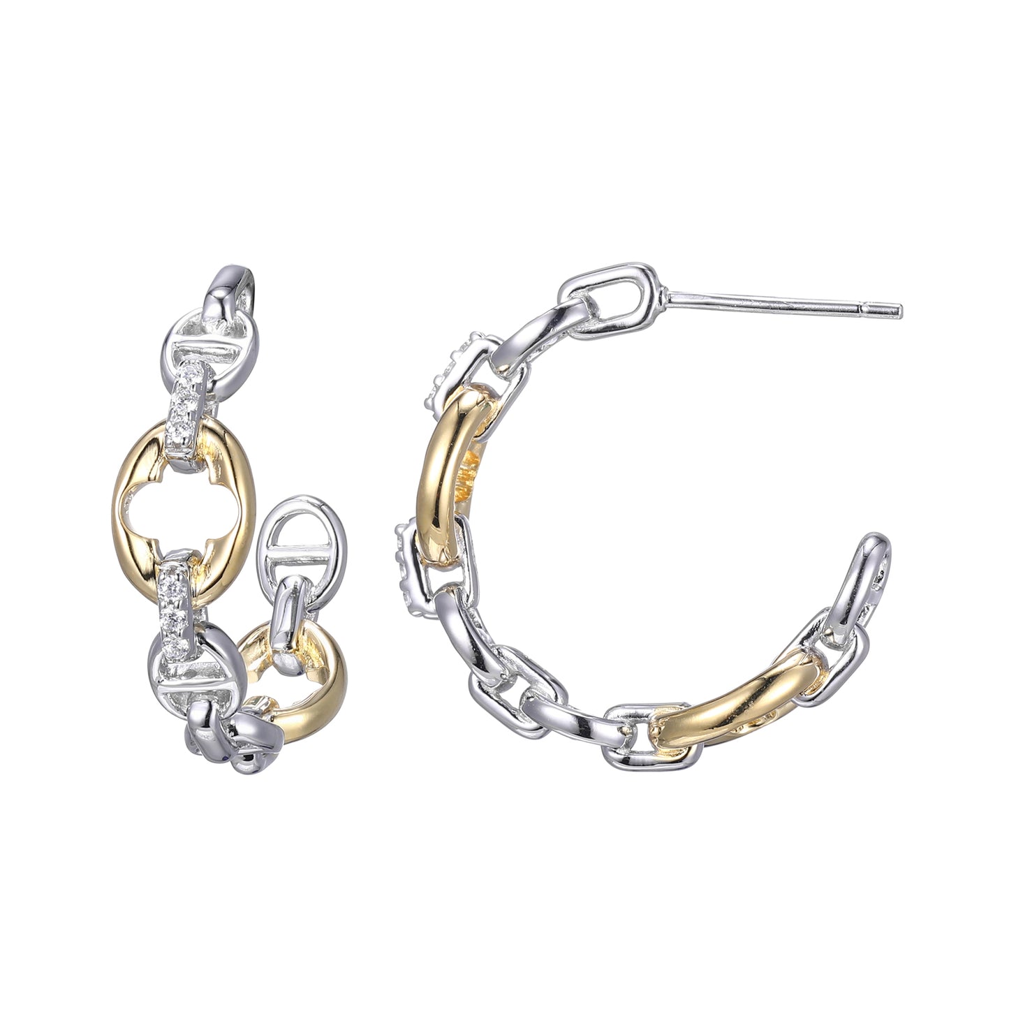 Aretes de Aro en Plata con Circonias y Acabado Bicolor