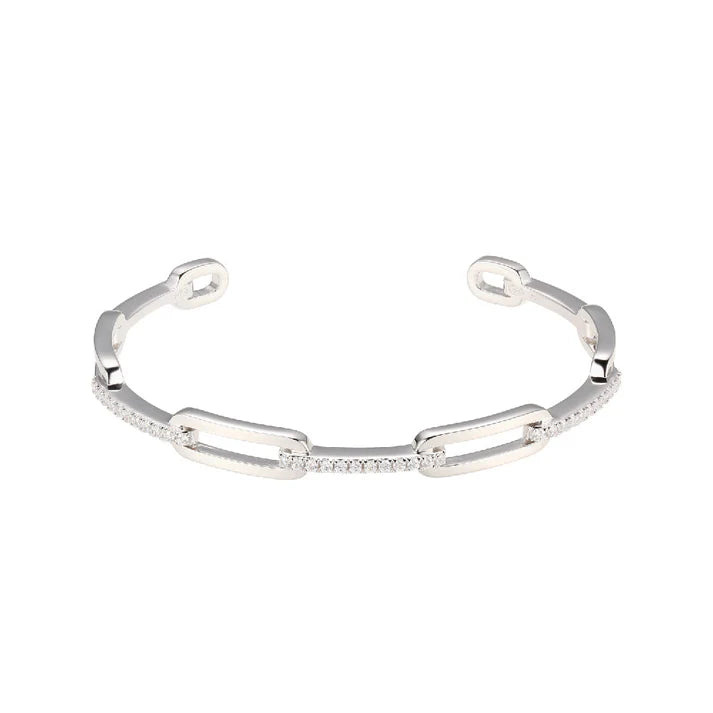 Brazalete Rígido de Plata Tipo Paperclip con Circonias