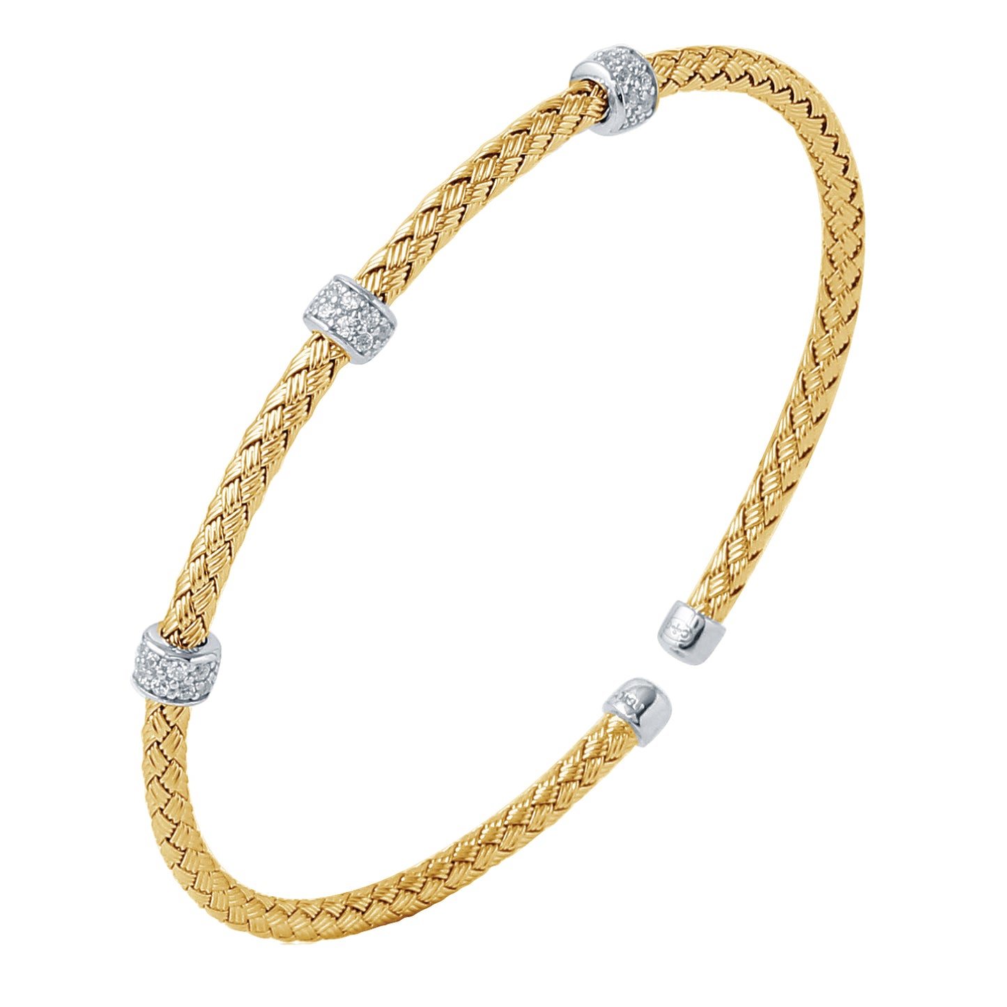 Brazalete Rígido de Malla en Plata de 3 mm con Circonias y Acabado en Oro de 18K y Rodio