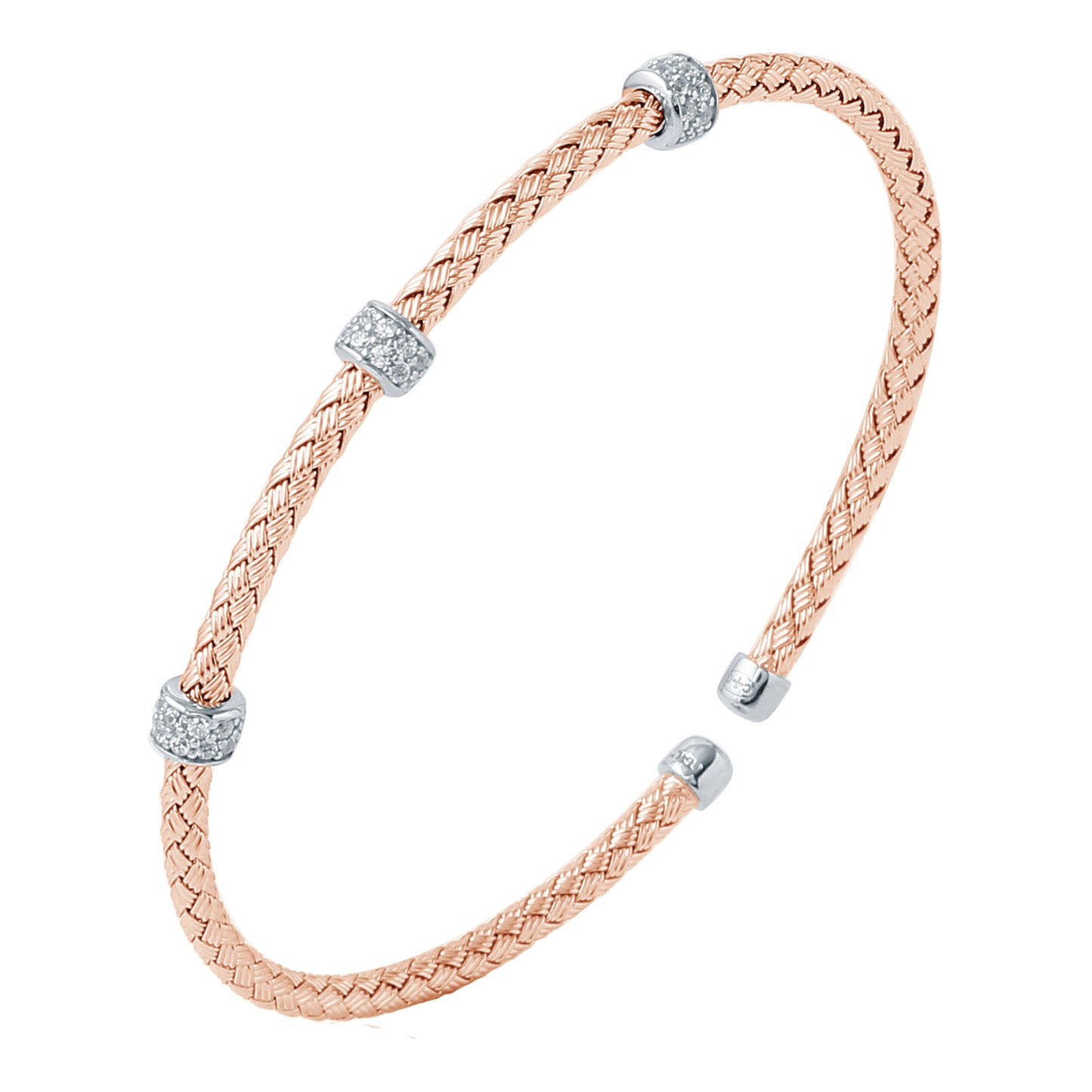 Brazalete Rígido de Malla en Plata de 3 mm con Circonias y Acabado en Oro Rosa y Rodio