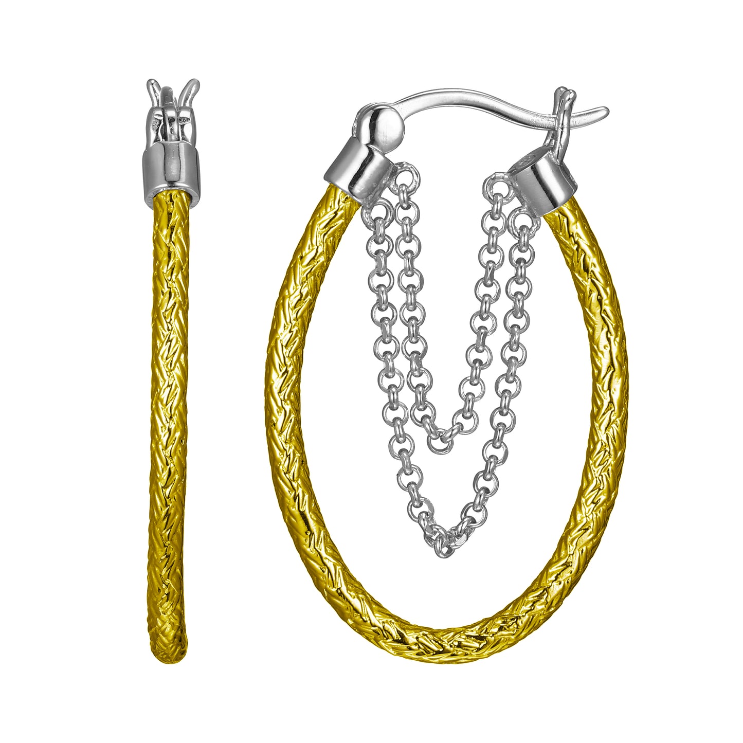 Aretes de Malla de Plata con Cadena en Dos Tonos