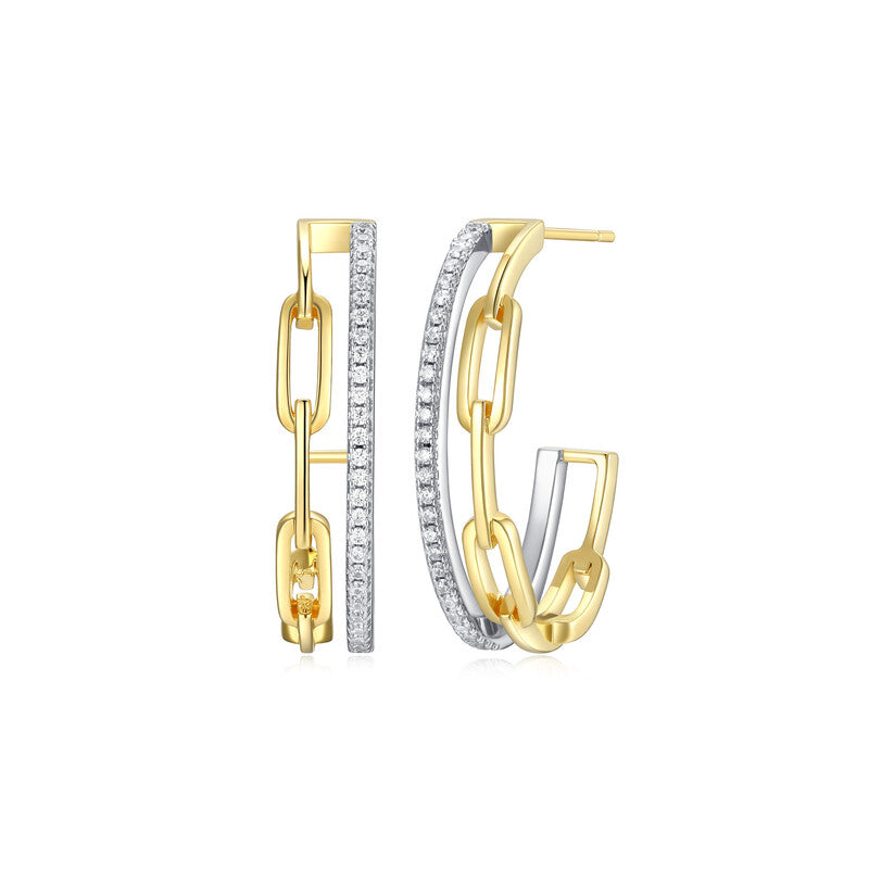 Aretes de Aro en Plata con Circonias y Diseño Paperclip, Acabado en Oro y Rodio