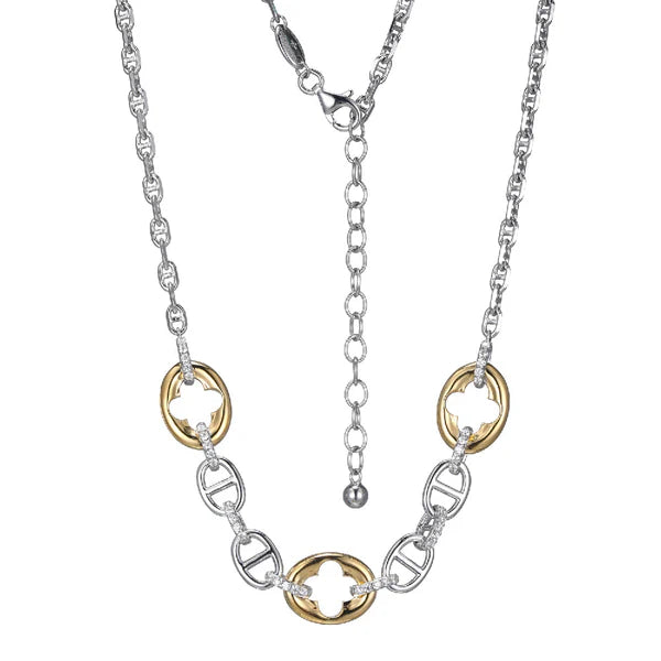 Pulsera de Plata con Detalles de Tréboles y Circonias, Acabado en Oro de 18K y Rodio