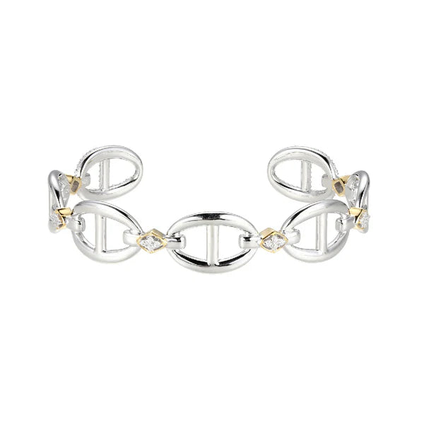 Brazalete Rígido de Plata con Circonias y Acabado en Oro de 18K y Rodio