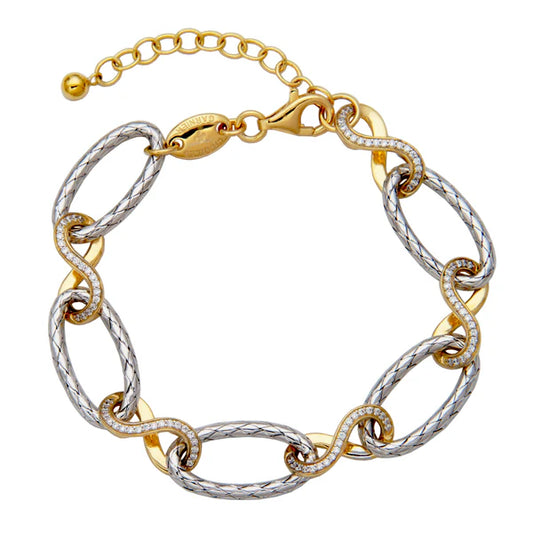 Pulsera de Plata con Enlaces de Malla y Circonias, Acabado en Oro de 18K y Rodio