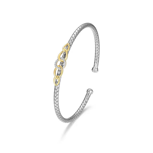 Brazalete de Plata con Diseño de Enlace Ovalado y Circonias, Acabado en Oro de 18K y Rodio