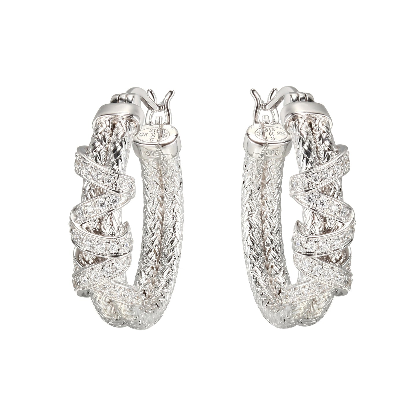 Aretes de Aro de Doble Malla en Plata con Circonias