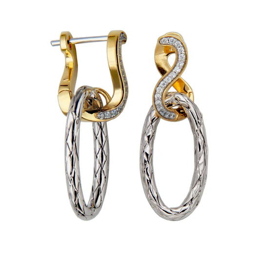 Aretes Colgantes de Plata con Diseño de Malla Ovalada y Circonias, Acabado en Oro de 18K y Rodio