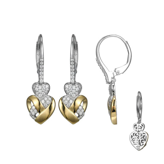 Aretes Colgantes de Plata con Diseño de Corazón y Circonias, Acabado en Oro de 18K y Rodio