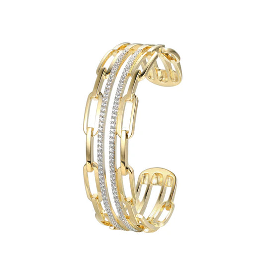 Brazalete Rígido de Plata Tipo Paperclip con Circonias y Acabado en Oro de 18K y Rodio