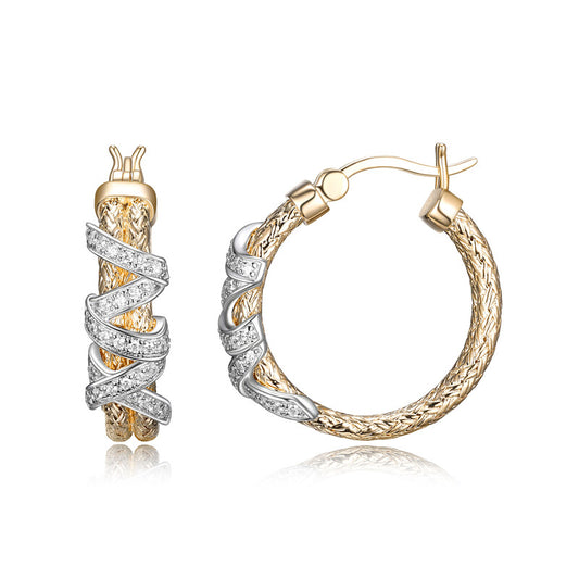 Aretes de Aro en Plata de 3 mm con Malla y Circonias, Acabado en Oro de 18K y Rodio