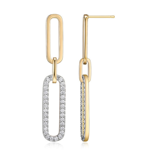 Aretes de Plata Tipo Paperclip con Circonias y Acabado en Oro de 18K y Rodio