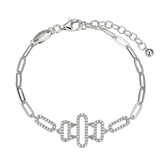 Pulsera de Plata con Cadena Paperclip y Enlaces con Circonias