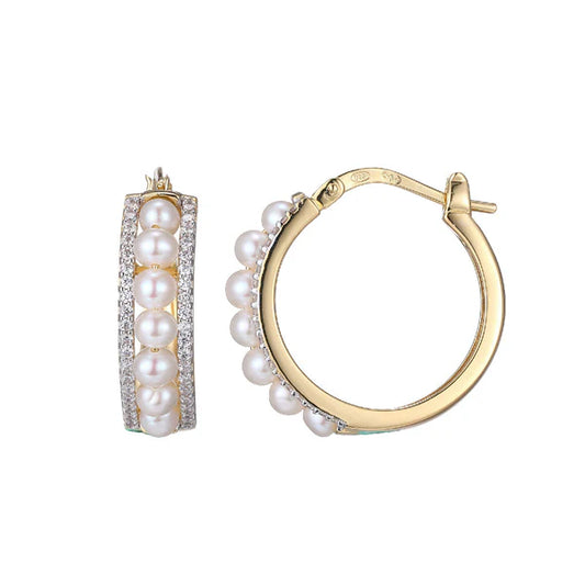 Aretes de Aro en Plata con Perlas de Agua Dulce y Circonias, Acabado en Oro de 18K y Rodio
