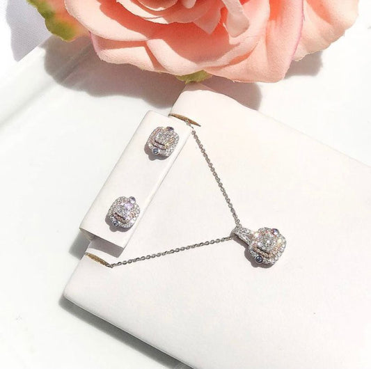 Juego cuadrado oro blanco y oro rosa con zafiro